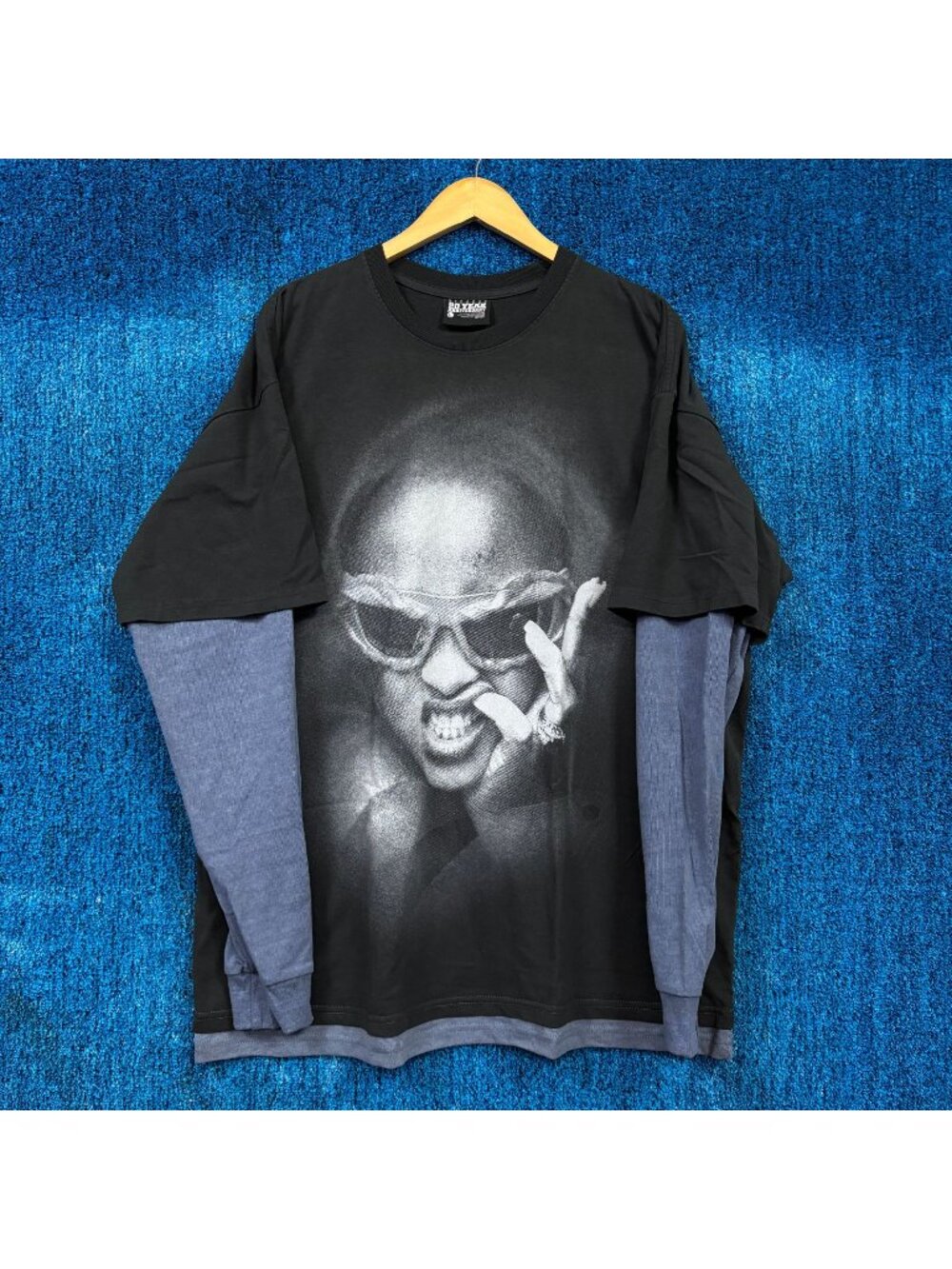 Rihanna 20th Anniversary Rap Grey/Blue Oversized Layered LS Shirt Size Large